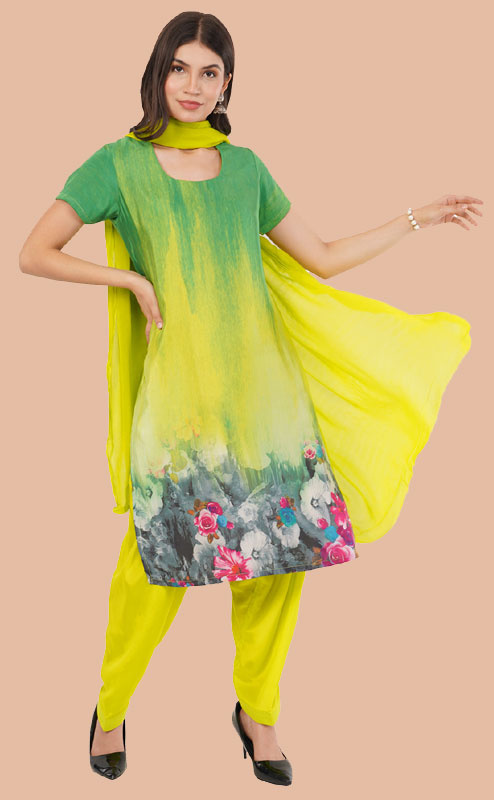 blue printed salwar suits , Pure silk georgette yellow salwar suit, Green printed salwar suit